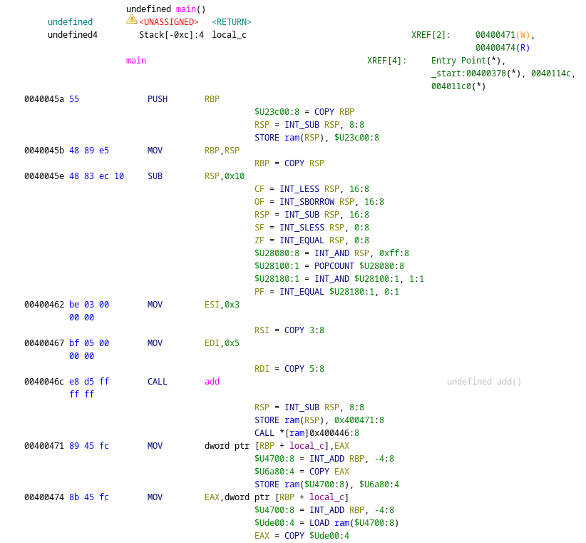 A screenshot of Ghidra with PCode visible